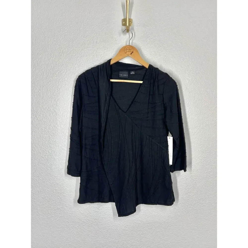 TRIBAL Womens Textured Wrap Front Top Medium Black Jersey Knit